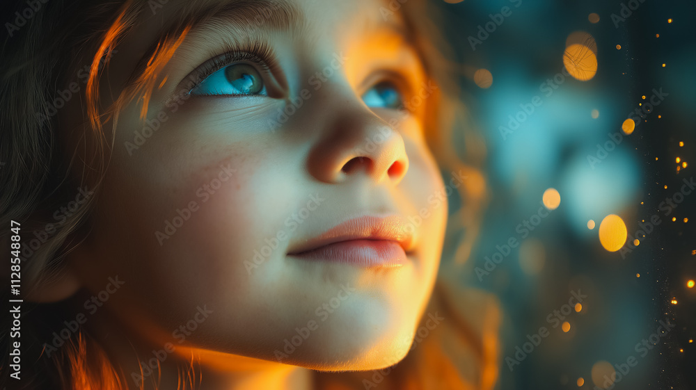 A young girl with long brown hair and blue eyes is looking up at something. The image has a warm and inviting mood, as the girl's gaze seems to be filled with wonder and curiosity A young girl with long brown hair and blue eyes is looking up at something. The image has a warm and inviting mood, as the girl's gaze seems to be filled with wonder and curiosity
