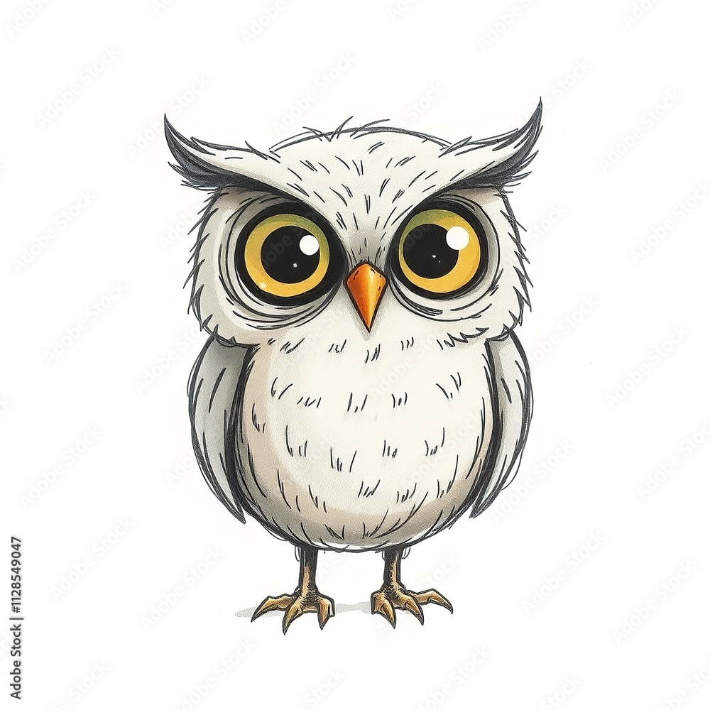 Naklejka premium Cute cartoon owl standing curiously on white background with copy space