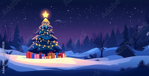 Magical Christmas Night Illustration with Glowing Tree, Gifts, and Snowfall in Dark Forest or Village