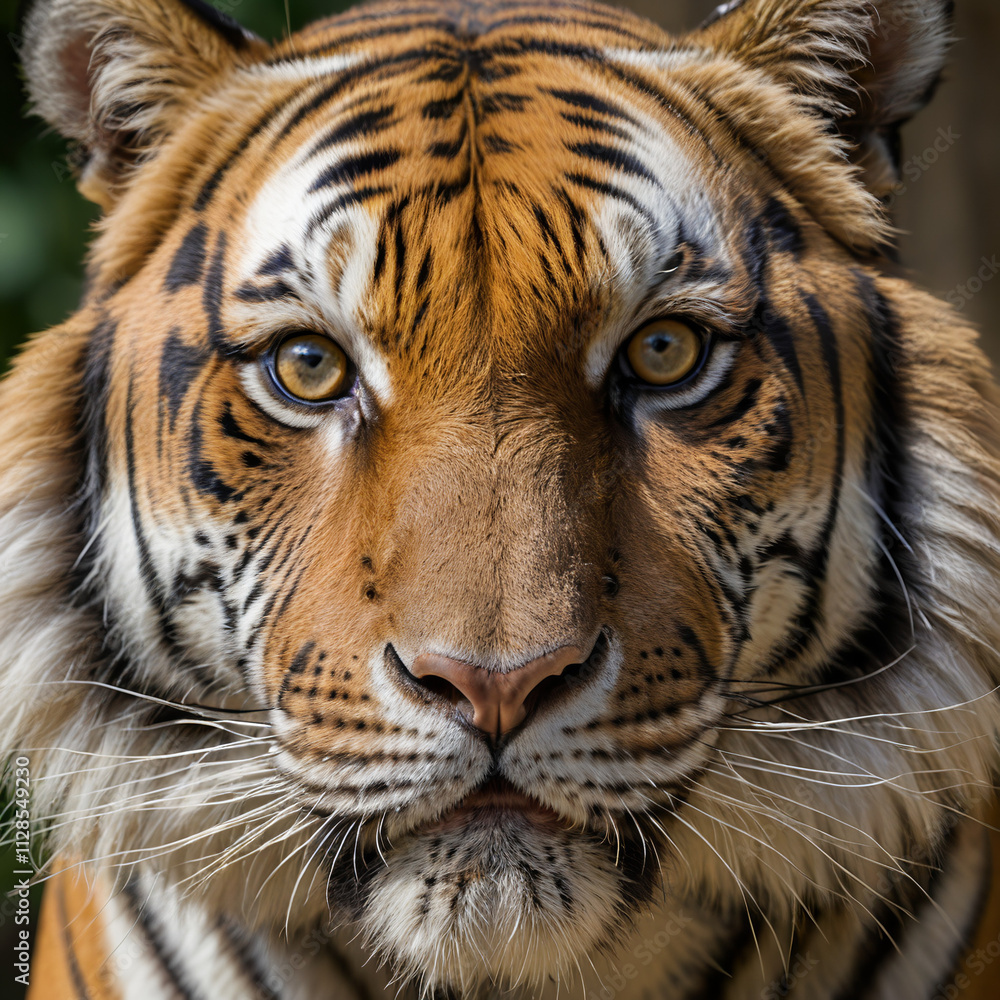 A captivating close-up of a Royal Bengal tiger's face, showcasing its intense gaze and detailed fur patterns. The blurred background emphasizes the tiger's powerful presence. A captivating close-up of a Royal Bengal tiger's face, showcasing its intense gaze and detailed fur patterns. The blurred background emphasizes the tiger's powerful presence.