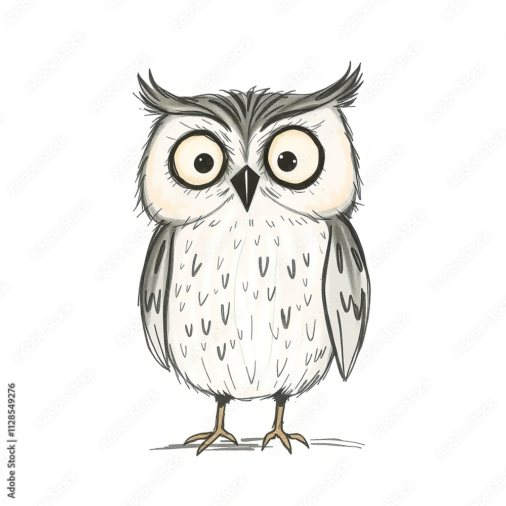 Fototapeta premium Charming cartoon owl standing cutely on white background with copy space