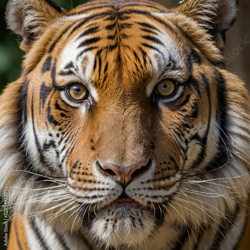 A captivating close-up of a Royal Bengal tiger's face, showcasing its intense gaze and detailed fur patterns. The blurred background emphasizes the tiger's powerful presence.