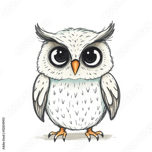 Charming cartoon owl standing adorably on white background with copy space

