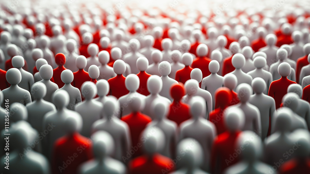 Fototapeta premium A crowd of people are shown in a red and white color scheme. The people are all different sizes and are scattered throughout the image. Concept of chaos and disorder
