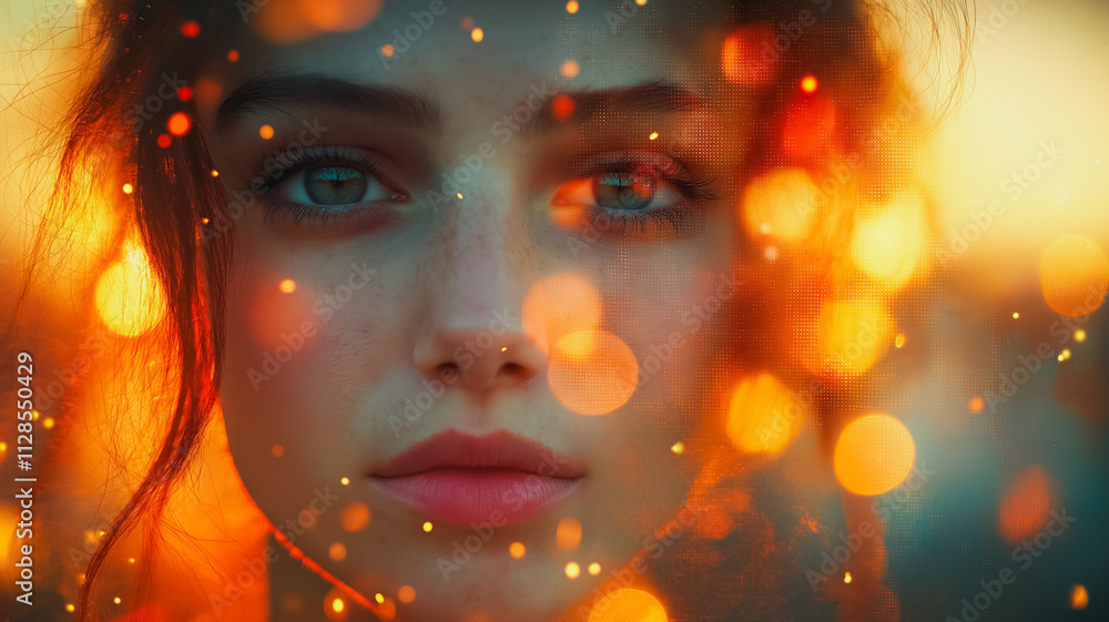 A woman's face is blurred and distorted by a series of bright, glowing circles. The image has a dreamy, ethereal quality to it, as if the woman is looking through a foggy window or a hazy A woman's face is blurred and distorted by a series of bright, glowing circles. The image has a dreamy, ethereal quality to it, as if the woman is looking through a foggy window or a hazy