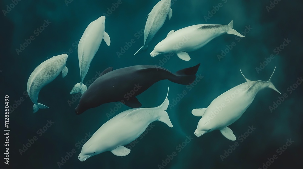 Obraz premium A mesmerizing underwater scene featuring a group of majestic beluga whales swimming gracefully together.