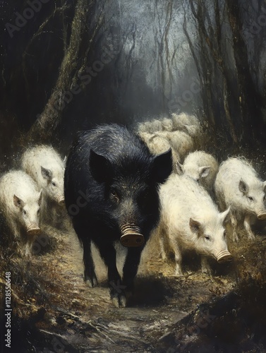 A majestic wild boar leads a herd of white pigs through a misty forest, showcasing nature's beauty and wildlife dynamics. photo