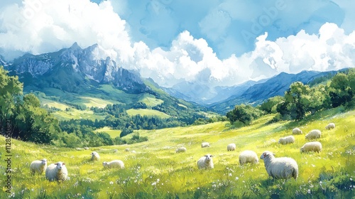the lord is my sheperd watercolor green landscape with sheeps on the meadow illustration