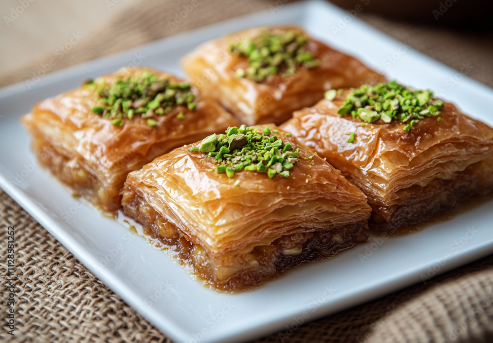 baklava with pistachios on top placed in the center of white plate on burlap background baklava with pistachios on top placed in the center of white plate on burlap background