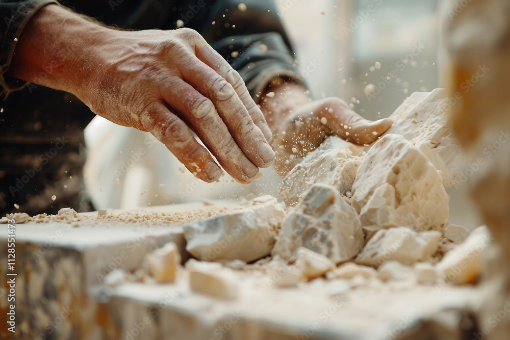 Generative AI Image of a Stonemason Working with Stone, Shaping and Carving Stone Surface Generative AI Image of a Stonemason Working with Stone, Shaping and Carving Stone Surface