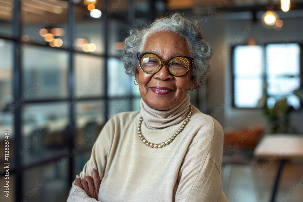 Fototapeta premium Portrait of a glad afro-american elderly woman in her 90s sporting a long-sleeved thermal undershirt in sophisticated corporate office background