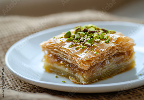 baklava with pistachios on top placed in the center of white plate on burlap background