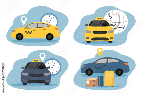 set of vector illustrations in flat style on the theme of ordering taxi