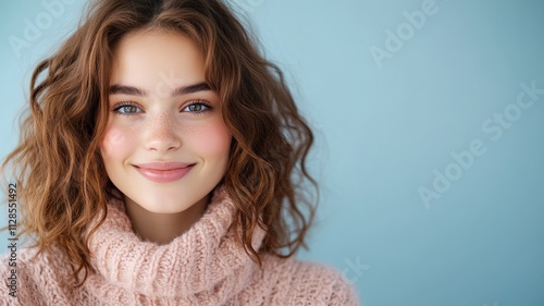 Beautiful portrait happy student woman posing with perfect makeup and freckles showing with clean fresh skin care. Model with healthy