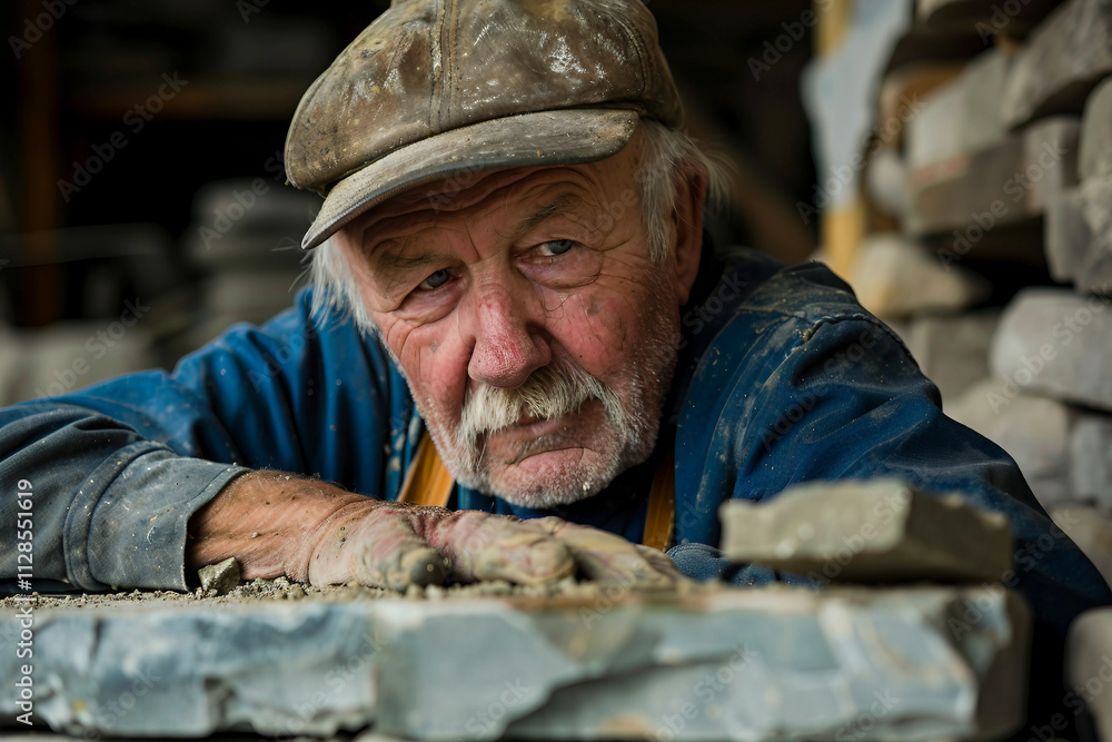Generative AI Image of a Stonemason Working with Stone, Shaping and Carving Stone Surface Generative AI Image of a Stonemason Working with Stone, Shaping and Carving Stone Surface