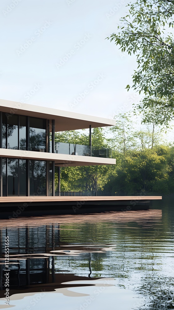 Fototapeta premium Modern cabin on the water, floating dock with sun deck and seating area, wood slat wall facade