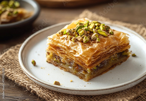 baklava with pistachios on top placed in the center of white plate on burlap background