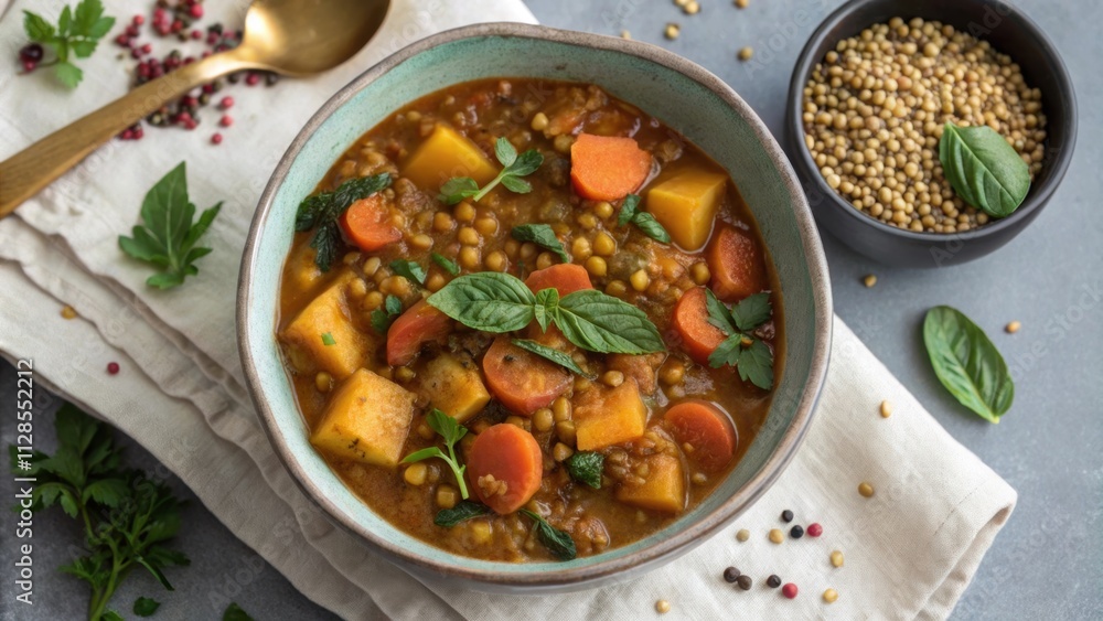 An overhead view highlights the inviting texture of a hearty stew with varying shades of amber and green blending together. Dainty bites of root vegetables are interspersed An overhead view highlights the inviting texture of a hearty stew with varying shades of amber and green blending together. Dainty bites of root vegetables are interspersed