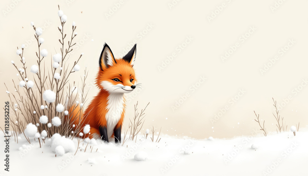 Cute illustration of red fox sitting in snowy landscape, playful mood, whimsical nature art Cute illustration of red fox sitting in snowy landscape, playful mood, whimsical nature art