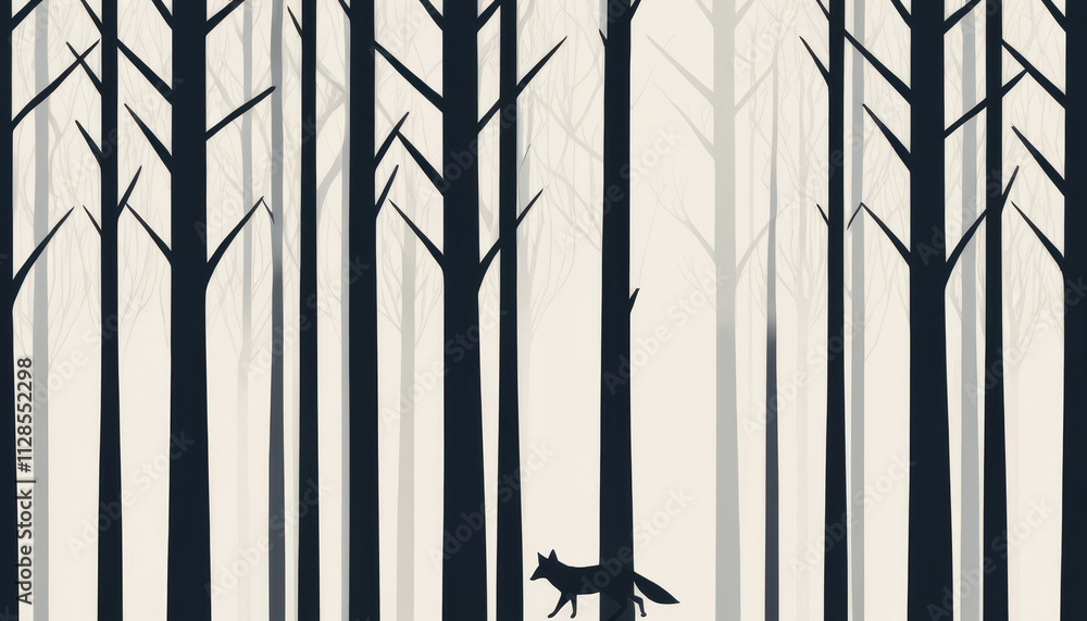 Minimalist silhouette of fox walking through foggy forest, tranquil mood, artistic black and white design Minimalist silhouette of fox walking through foggy forest, tranquil mood, artistic black and white design