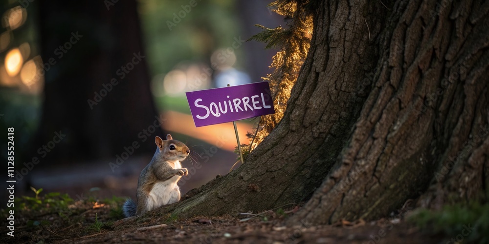 Obraz premium Adorable Squirrel Peeking from a Tree Trunk with a Purple Sign for Messages in a Low Light Environment, Perfect for Nature and Wildlife Photography Enthusiasts