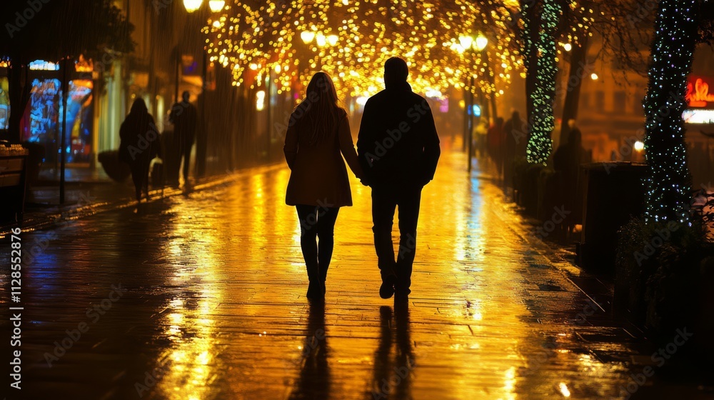 Couple holding hands walking on a rain-slicked city street at night, illuminated by festive lights. Couple holding hands walking on a rain-slicked city street at night, illuminated by festive lights.