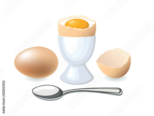 Boiled egg in eggcup icon set vector isolated on a white background. Egg in egg cup holder and spoon vector illustration. Breakfast set with eggs drawing