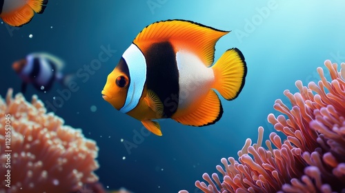 A vibrant clownfish swims among coral, showcasing its colorful patterns and the beauty of underwater life.