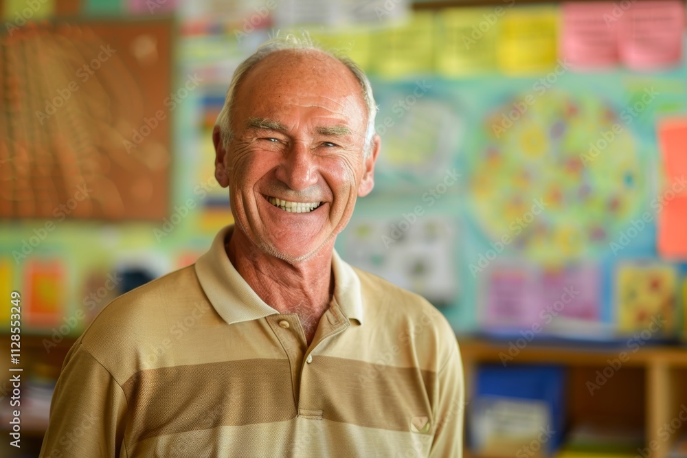 Portrait of a joyful caucasian man in his 50s wearing a breathable golf polo isolated on lively classroom background Portrait of a joyful caucasian man in his 50s wearing a breathable golf polo isolated on lively classroom background