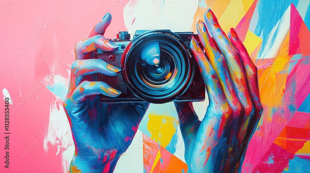 Art collage as dynamic fusion of paintbrush strokes, sculpted hands, camera lens, vivid colors palette, complemented by abstract geometric patterns. Art collage as dynamic fusion of paintbrush strokes, sculpted hands, camera lens, vivid colors palette, complemented by abstract geometric patterns.