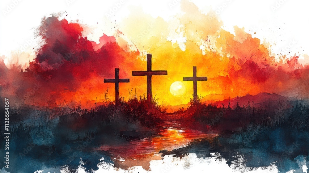 the three crosses on golgotha crosses painted in watercolor on neutral background the three crosses on golgotha crosses painted in watercolor on neutral background