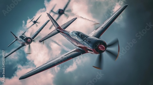 Three vintage propeller planes fly in formation through cloudy skies. photo