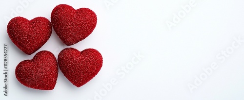 Four sparkling red heart-shaped decorations on a clean white background. photo