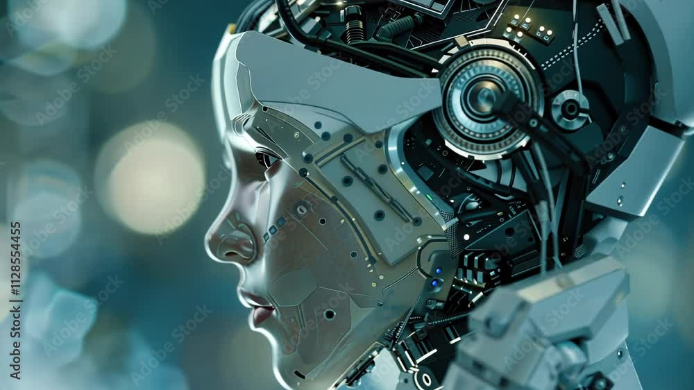 Robot with a white face and a black helmet. The robot is looking at the camera. The robot is made of metal and has a futuristic appearance Robot with a white face and a black helmet. The robot is looking at the camera. The robot is made of metal and has a futuristic appearance