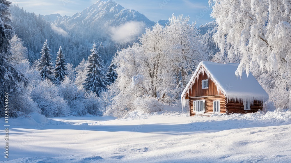 Mountain winter house with icicles, snowy woods, peaceful snowy landscape Mountain winter house with icicles, snowy woods, peaceful snowy landscape
