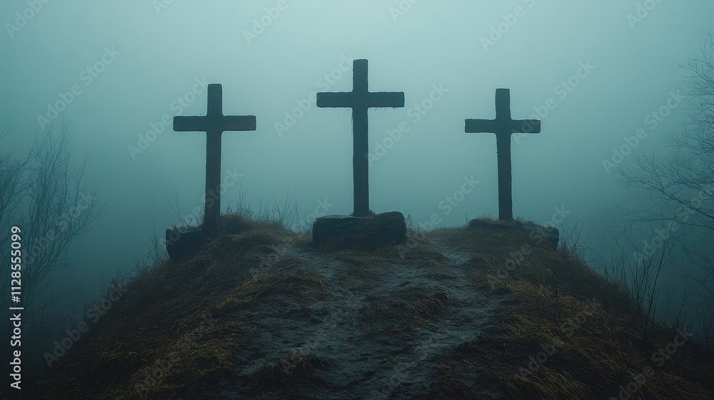 three crosses on top of the hill in the mist three crosses on top of the hill in the mist