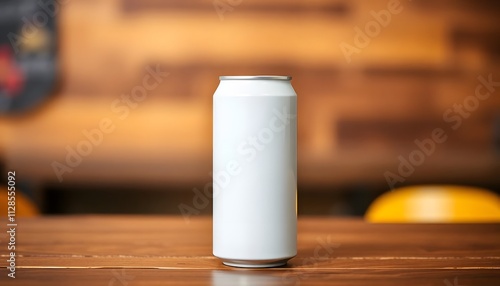 plain white canned drink mock up standing on wooden table