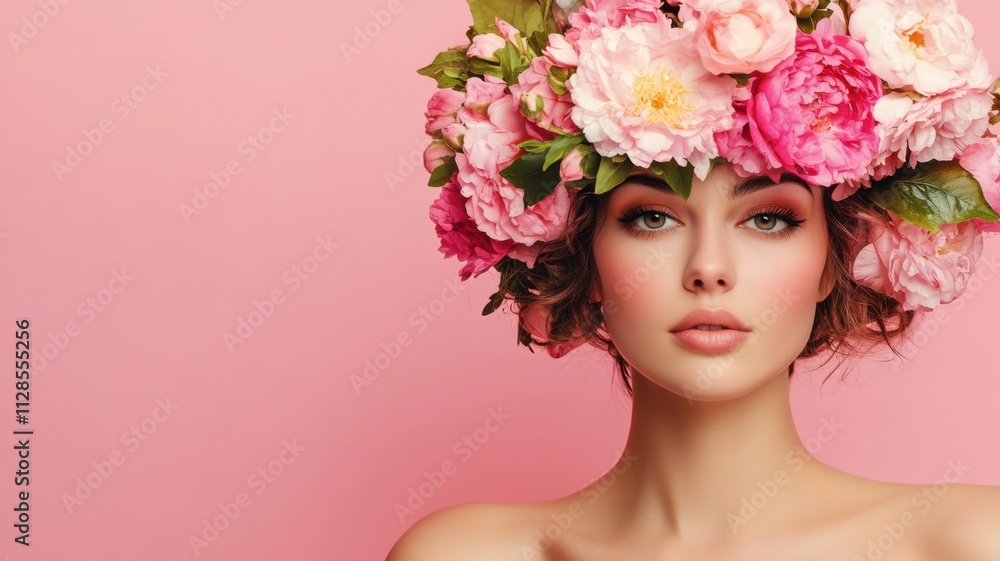 Spring wellness theme, model with flower crown and closed eyes in beauty portrait on pink background copy space for your text Spring wellness theme, model with flower crown and closed eyes in beauty portrait on pink background copy space for your text