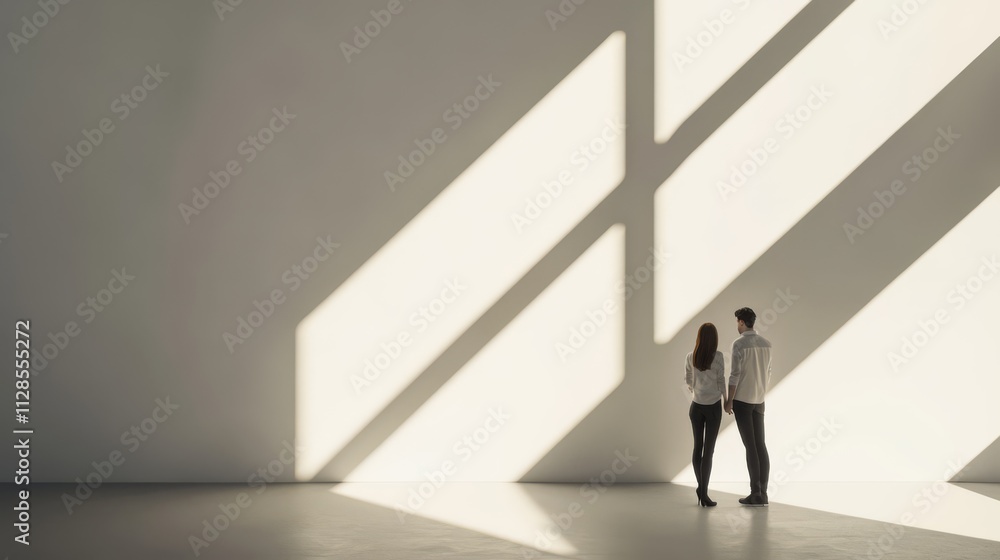 Couple standing in a minimalist room, sunlight casting shadows. Couple standing in a minimalist room, sunlight casting shadows.