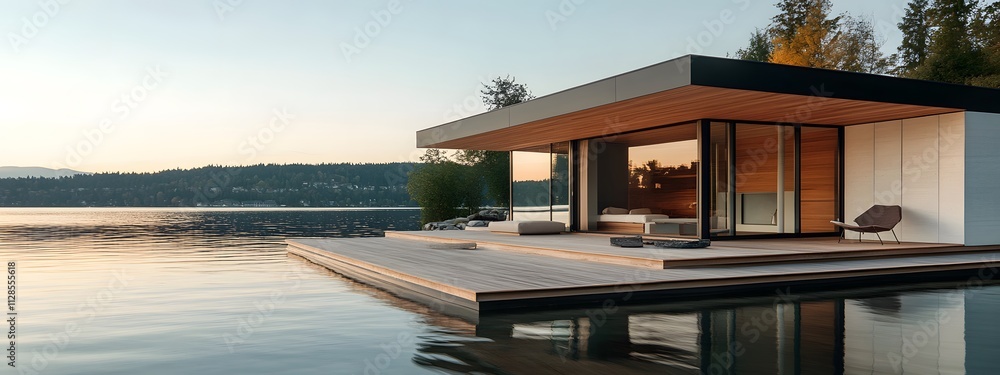 Obraz premium Modern cabin on the water, floating dock with sun deck and seating area, wood slat wall facade