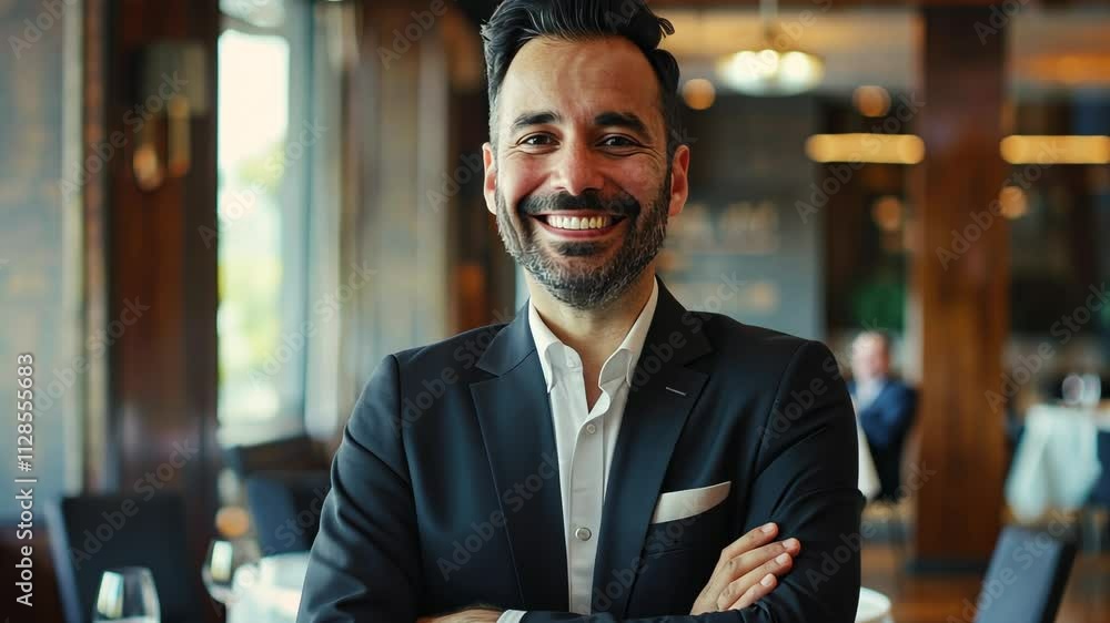 Man in a suit is smiling and posing for a picture in a restaurant. The atmosphere of cheerful and friendly, as the man is enjoying his time at the restaurant Man in a suit is smiling and posing for a picture in a restaurant. The atmosphere of cheerful and friendly, as the man is enjoying his time at the restaurant