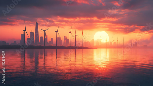 Cityscape Sunset: Wind Turbines Power City photo