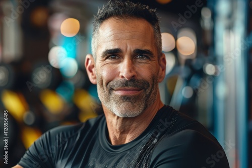 Portrait of a content man in his 40s sporting a breathable mesh jersey over dynamic fitness gym background