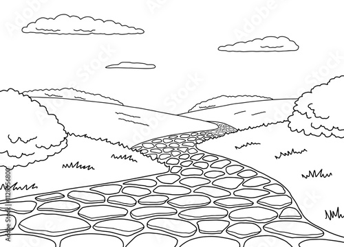 Old stone road landscape graphic black white sketch illustration vector