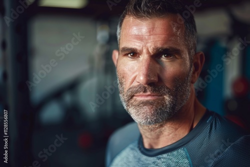 Portrait of a content man in his 40s sporting a breathable mesh jersey over dynamic fitness gym background