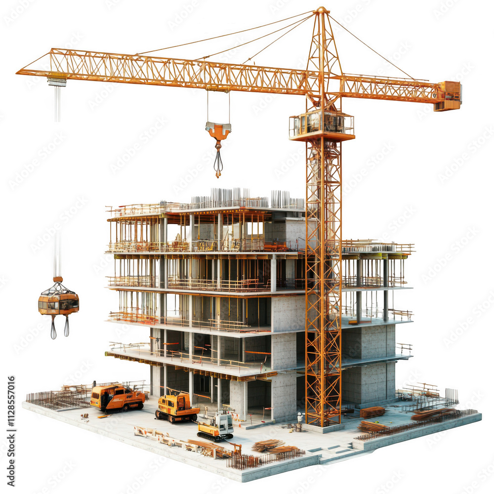 Realistic construction site with cranes and buildings under construction, isolated on transparent background, 3d rendering Realistic construction site with cranes and buildings under construction, isolated on transparent background, 3d rendering
