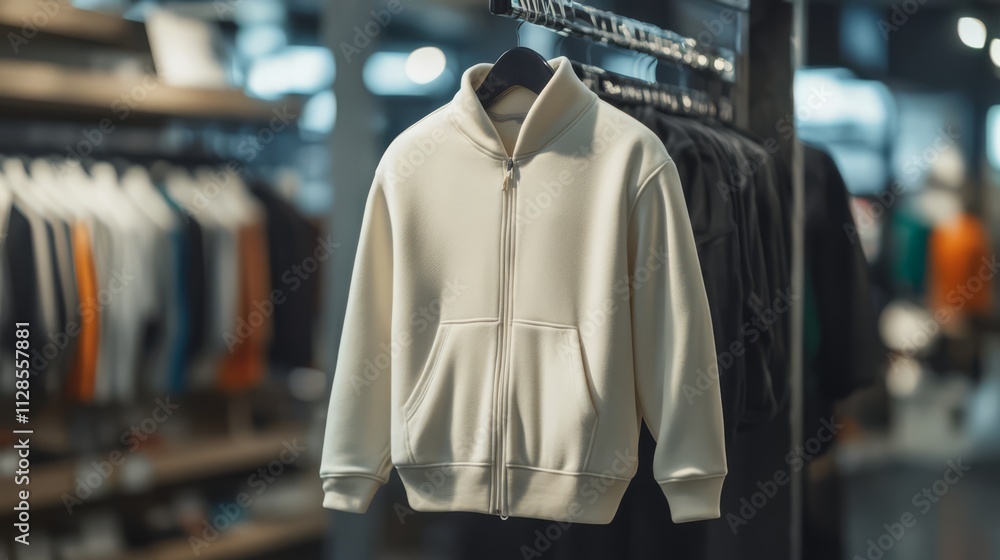 Cream zip-up hoodie on display in clothing store. Cream zip-up hoodie on display in clothing store.