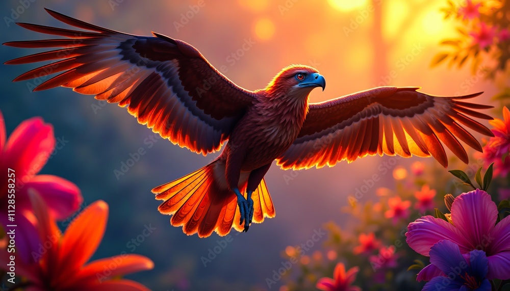 Obraz premium A majestic eagle soars gracefully amidst vibrant flowers, bathed in the warm glow of a golden sunset.