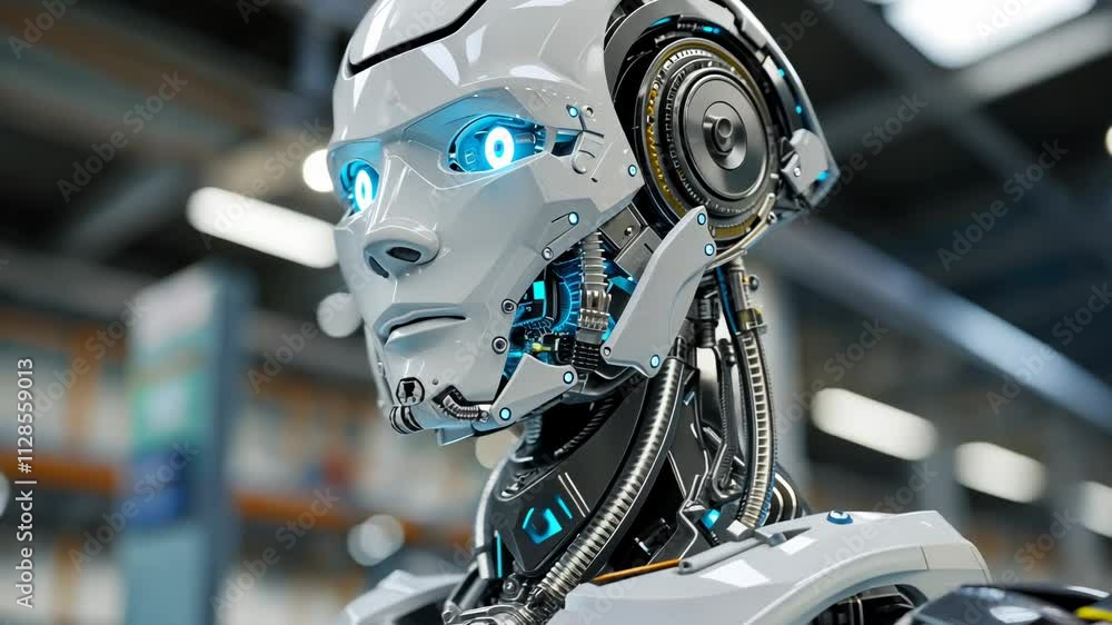 Robot with blue eyes and a white body stands in a factory. The robot is made of metal and has a metallic appearance. The robot is surrounded by lights, which give it a futuristic and industrial look Robot with blue eyes and a white body stands in a factory. The robot is made of metal and has a metallic appearance. The robot is surrounded by lights, which give it a futuristic and industrial look