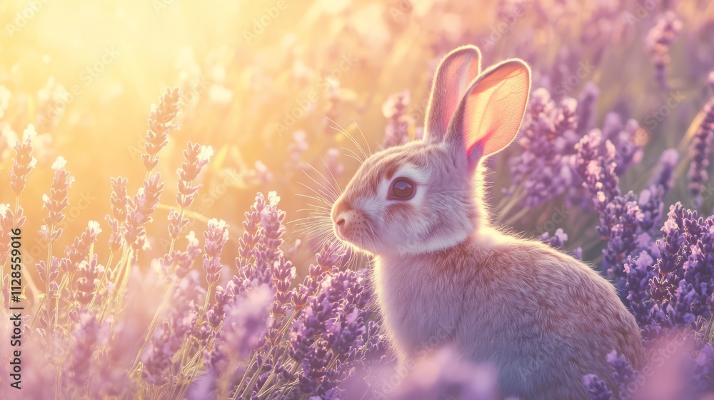 Obraz premium Cute bunny rabbit in lavender field at sunset. (1)